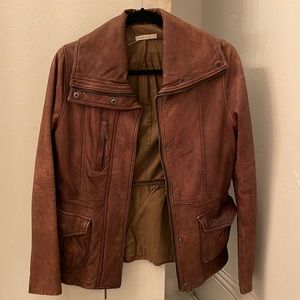 Vince Chestnut Brown Leather Jacket with Stand Collar